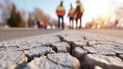 Cracked pavement shows aftermath of earthquake disaster as emergency teams focus on rescue and recovery efforts ensuring safety