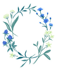 Romantic wreath or frame with wild yellow and blue field flowers