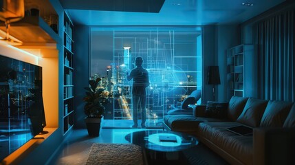 Person interacting with futuristic interface in modern apartment overlooking cityscape at night time