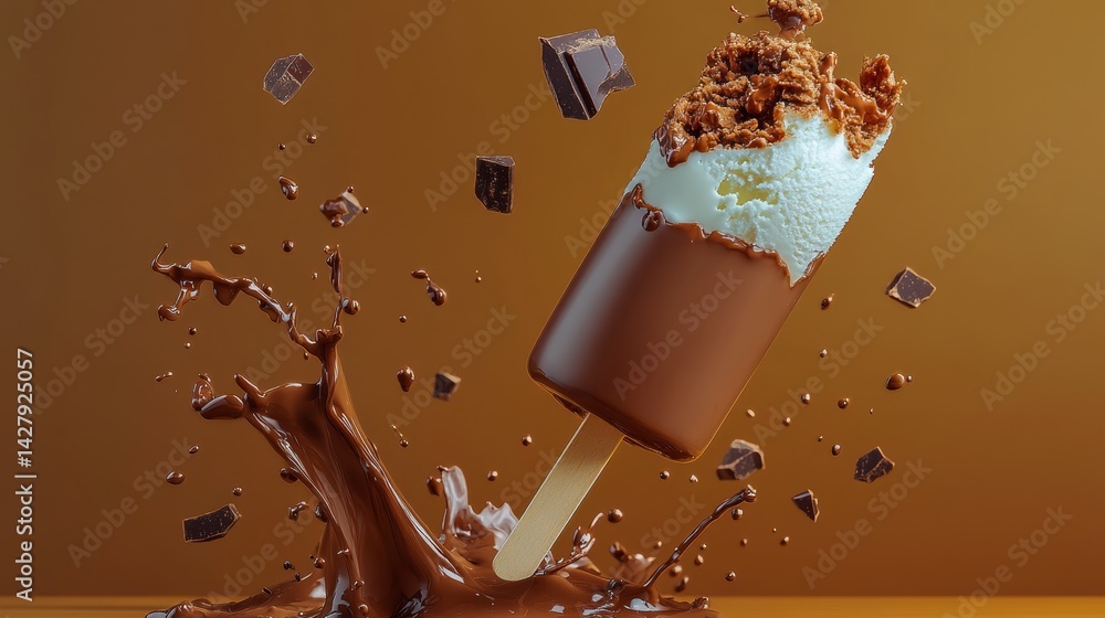 Poster chocolate and vanilla ice cream cone with chocolate sprinkles on top. the ice cream is melting and d