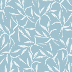 Seamless pattern with white stylized leaves on a blue background