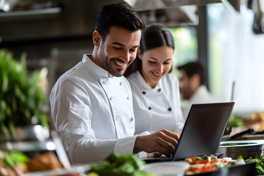 Chefs Using Laptop in Restaurant Kitchen
