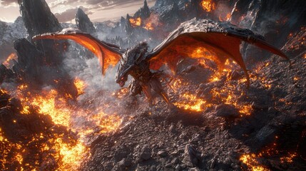 a close up of a dragon attacking a man with a sword