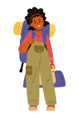 Cute African American teenage girl standing with backpack and holding tent flat vector illustration isolated on white. Hiking and tourism for children. Summer outdoors activities.