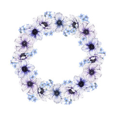 Blue forget-me-nots and soft purple anemones. Watercolor spring botanical isolated round wreath, suitable for eco-branding, packaging, cards, wedding designs, botanical projects, florist shops.