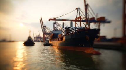 Fototapeta premium Close-up of cargo ship transporting brand new vehicles at sunset, with port cranes in distance. Automotive logistics, international shipping and global trade concepts. 