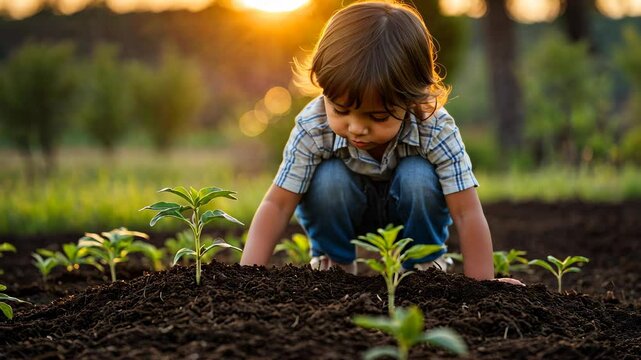 Child planting little green tree or plant in the garden
