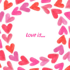 Greeting card with watercolor pink and red hearts on white background