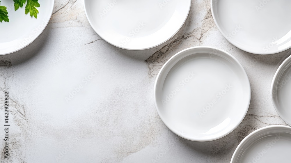 Poster row of white plates with a green leaf on top. the plates are arranged in a circle and are all differ