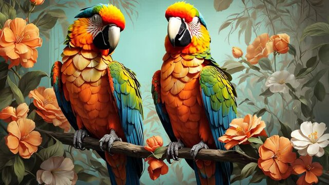 Colorful parrot on a branch with tropical flowers on palm green leaves background