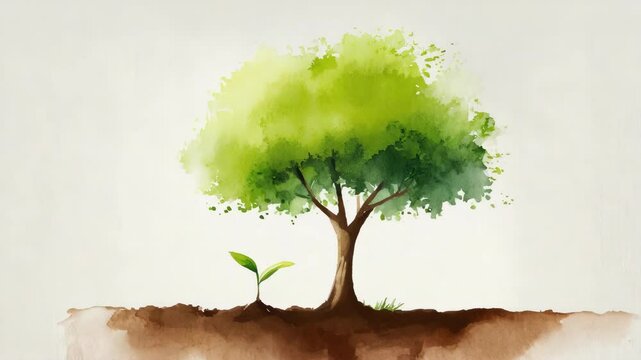 Watercolor painted young sapling growing beside a mature tree on light beige background