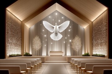 3D digital scene of a worship hall filled with radiant light as a glowing Spirit dove descends above the altar