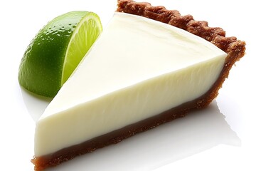 A slice of refreshing Key lime pie with lime wedge on a white surface