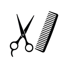 An open scissors and a comb vector silhouette