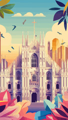 Obraz premium Retro Milan Travel Poster: Duomo Cathedral Cityscape in Vintage Summer Style