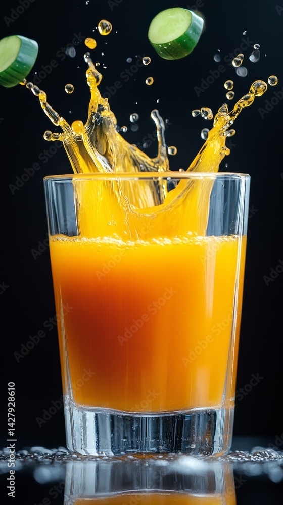 Poster glass of orange juice with a cucumber slice in it. the juice is splashing out of the glass, creating