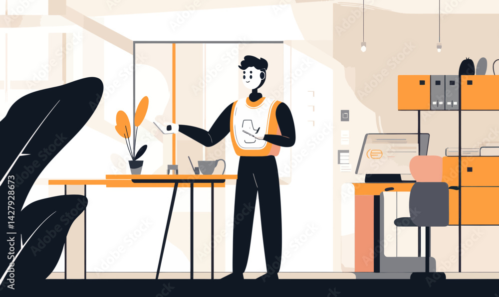 Poster modern workplace with chatbot interaction and ai automation in minimalist office setting