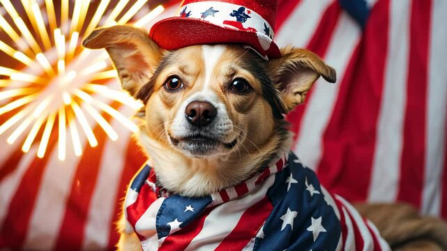 Cute dog wear festive clothes in american flag colors. Independence Day or flag day	

