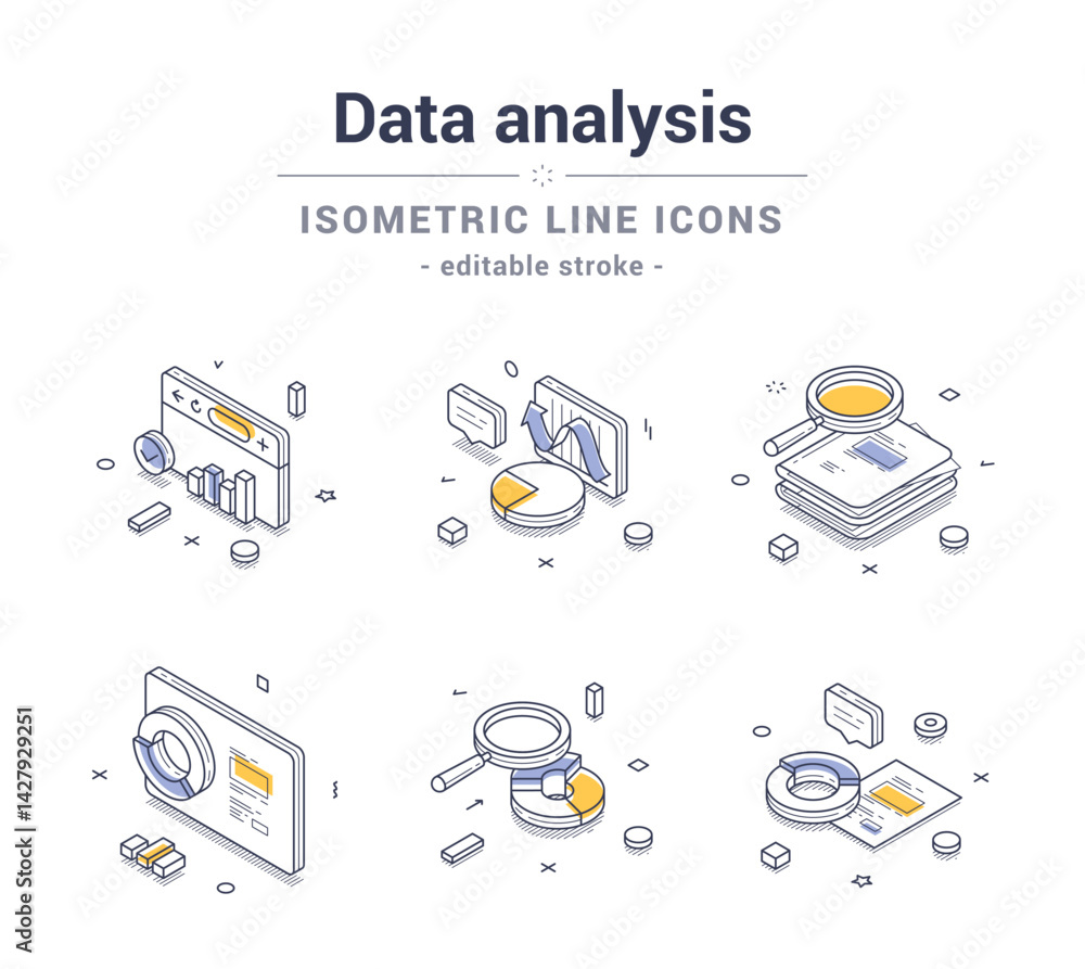 Aufkleber isometric line icons representing various aspects of data analysis, including charts, graphs, and in