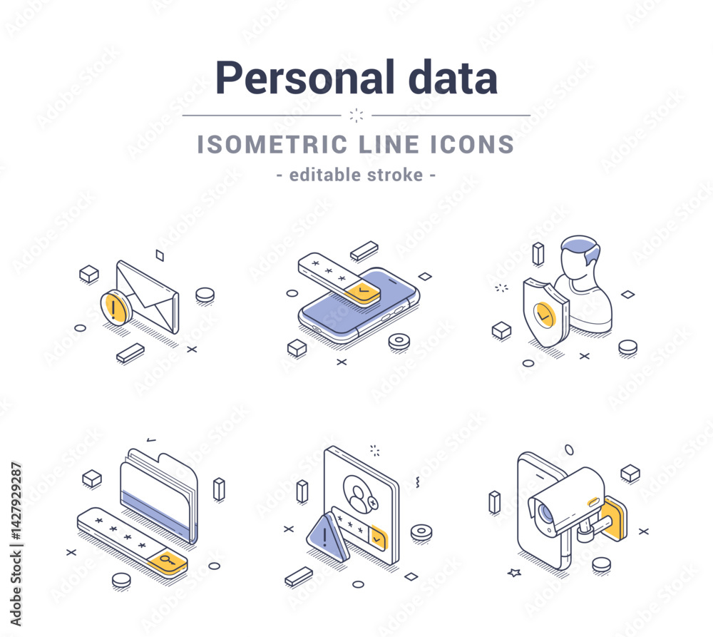 Poster collection of isometric line icons showcasing various personal data elements like envelopes, documen