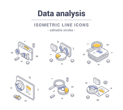 Isometric line icons representing various aspects of data analysis, including charts, graphs, and infographics. Modern vector illustrations set