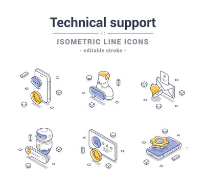 Isometric line icon set representing technical support services through various elements, including a smartphone, chat bubble, and user profile. It showcases modern digital interaction.