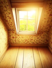 Cozy sunlit attic room with floral wallpaper and wooden flooring texture