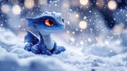 A cute, small, blue dragon with large amber eyes, tiny wings, and red inner ears sits in the snow.