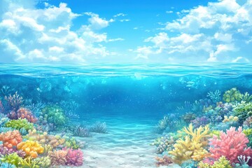 Vibrant coral reef scene under a clear blue sky.