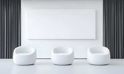 Modern Minimalist Lounge Area with White Chairs and Blank Wall