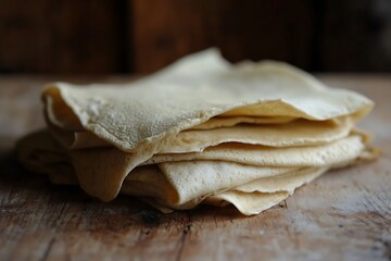 Homemade crepe stack on rustic wood table perfect for healthy diet