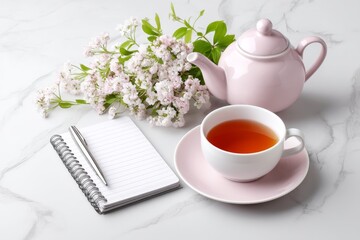 A healthy morning routine with tea journal and no smoking affirmation card