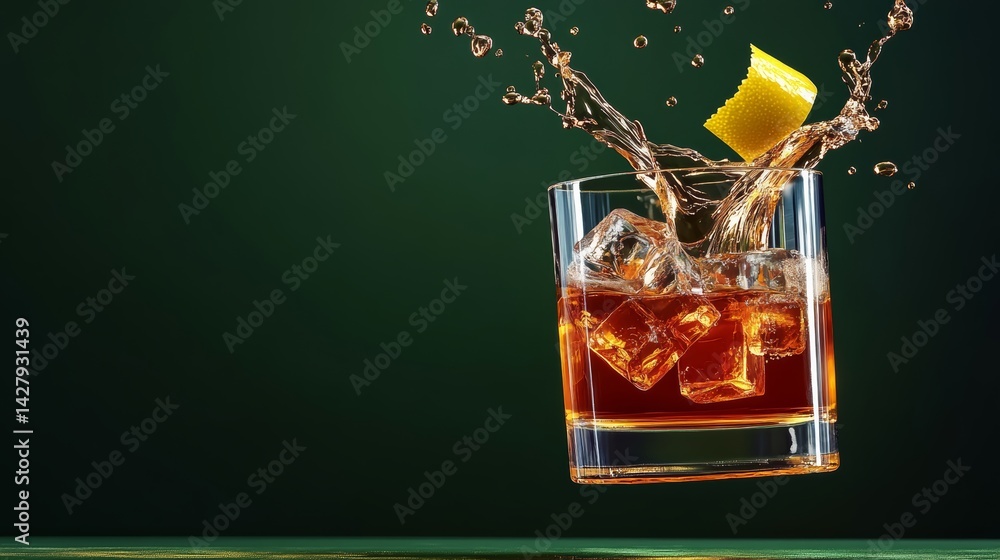 Poster glass of liquor with ice cubes and a lemon slice floating in the air. concept of relaxation and enjo