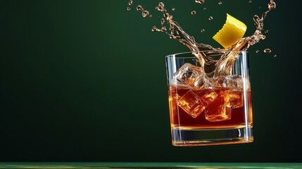 Glass of liquor with ice cubes and a lemon slice floating in the air. Concept of relaxation and enjoyment, as the drink is being poured into the glass and the ice cubes are floating in the liquid