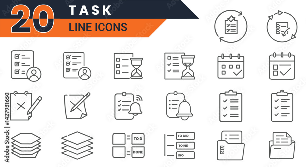 Poster minimalist task management line icons set featuring to-do lists, calendars, timers, notifications, a