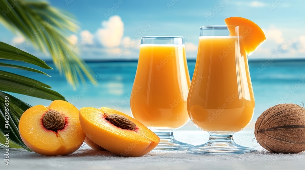Poster two glasses of orange juice with a slice of peach on the side. the image has a relaxed and refreshin