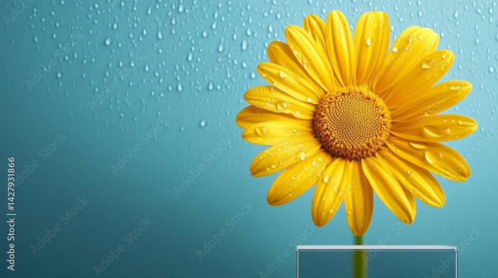 Poster yellow flower with water droplets on it is the main focus of the image. the blue background and the 