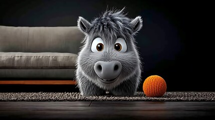 Cartoon animal character with a playful expression sitting on a rug near an orange ball in a cozy room