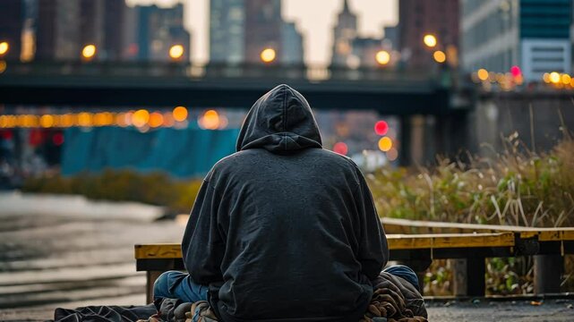 Homeless man in hoodie covering hiss head sitting on the city street	