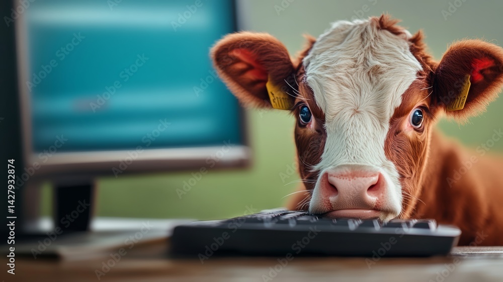 Poster cow is sitting in front of a computer keyboard. the cow is staring at the camera with a curious expr
