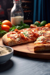 Delicious pizza with bacon and melted cheese being sprinkled with parmesan