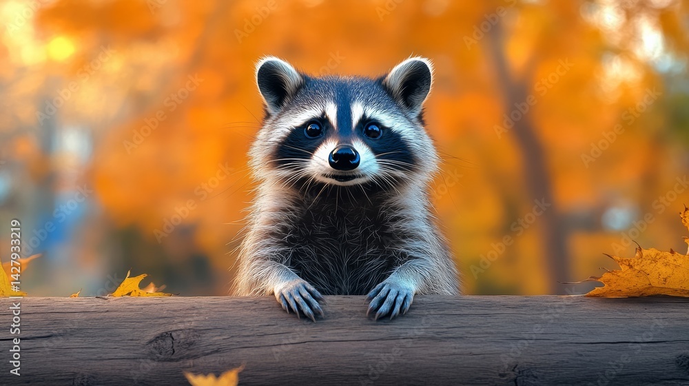Poster raccoon is standing on a log and looking at the camera. the scene is set in autumn, with leaves on t