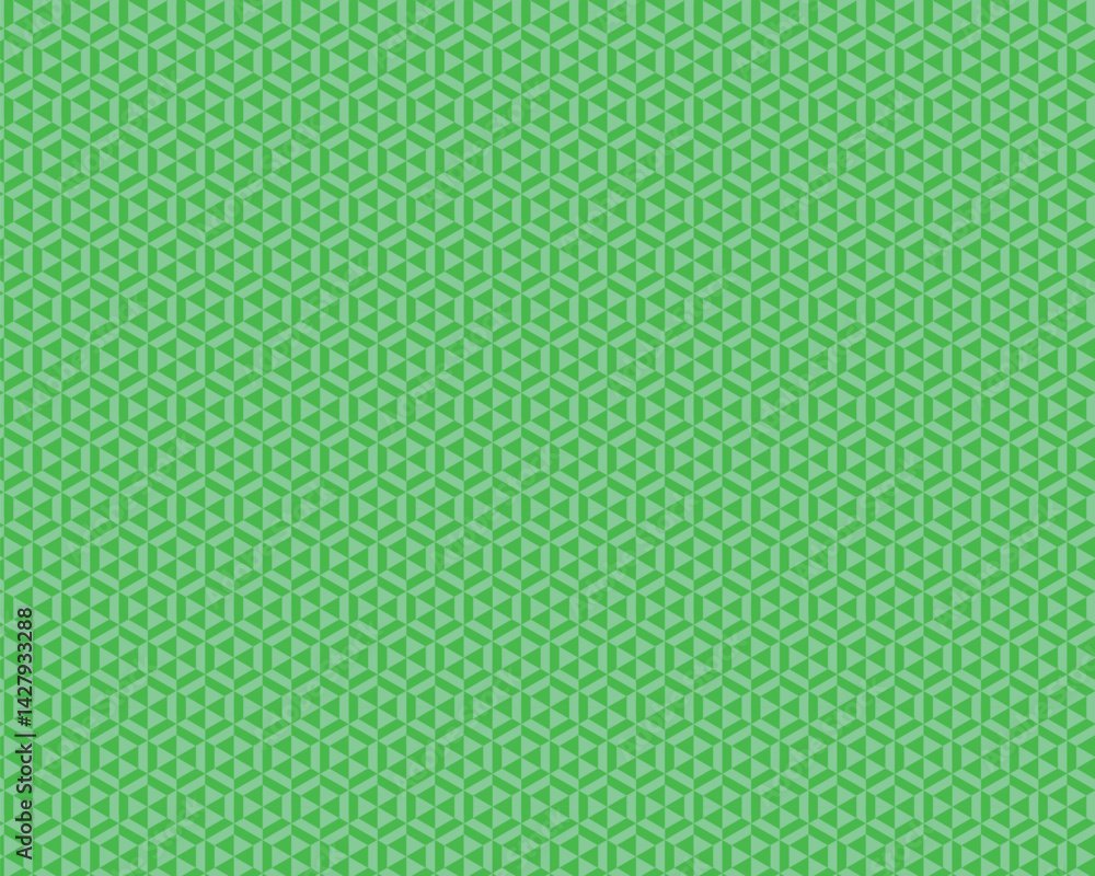 Poster intricate isometric pattern of green hexagons and triangles forms a seamless geometric background