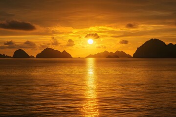 Tranquil Ocean View as Sun Descends Over Island Horizon