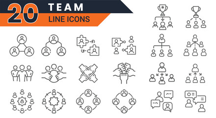 Vector Team Line Icons for Collaboration, Teamwork, Leadership, Organizational Structure, Communication, and Project Coordination in Business Environments