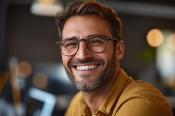 Obraz premium Smiling man with glasses enjoying a relaxed moment in a modern workspace