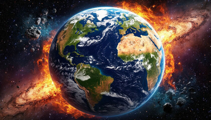 Obraz premium End of the universe, planet Earth is on fire. AI generated.