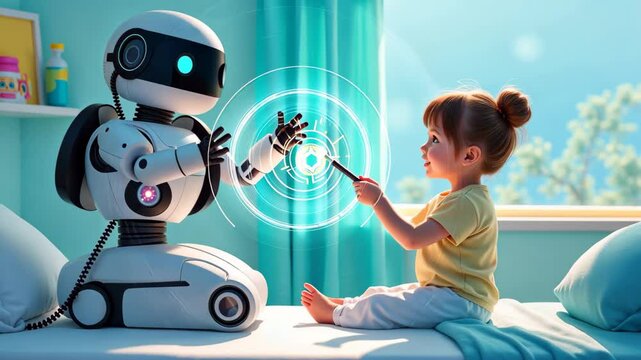 A futuristic pediatric care setting where children interact with AI-powered robotic companions during treatment, friendly robot engaging with a smiling child