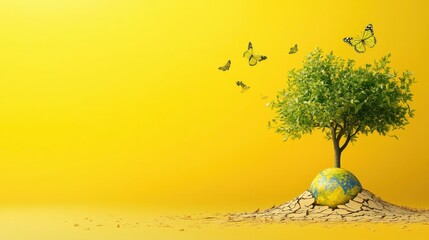 Tree on Globe with Butterflies on Yellow Background
