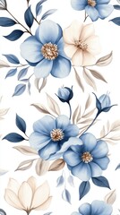 Floral pattern featuring blue and cream flowers on a light background.